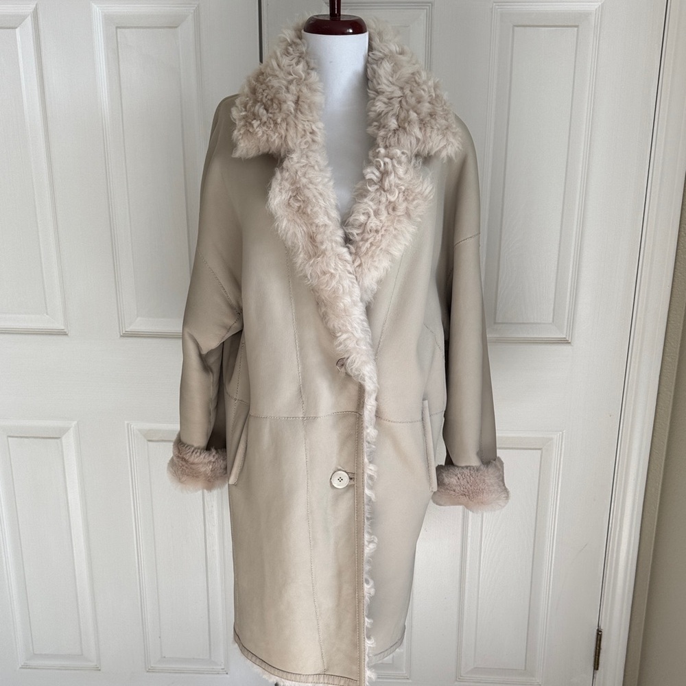 Luxurious Beige Shearling Reversible Leather Coat